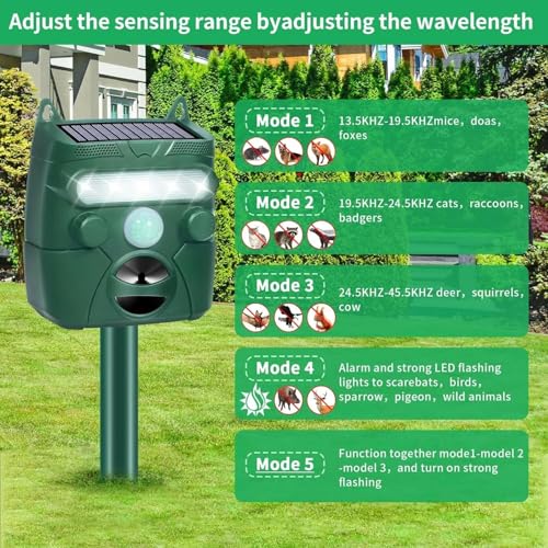 Répulsif à ultrasons pour animaux à énergie solaire avec détecteur de mouvement et LED clignotante pour protéger le jardin contre les chats, les chiens, les écureuils, les renards, les cerfs et les