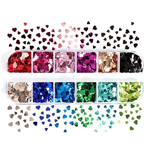 Heart Glitter Sequins For Valentine's Day Nail Art ,12 Colors 3D Holographic Sparkles Heart Shape Flakes Sticker Confetti Glitter Nail Decals For Nail Decoration Eye Face Body Diy Crafts #TOP5