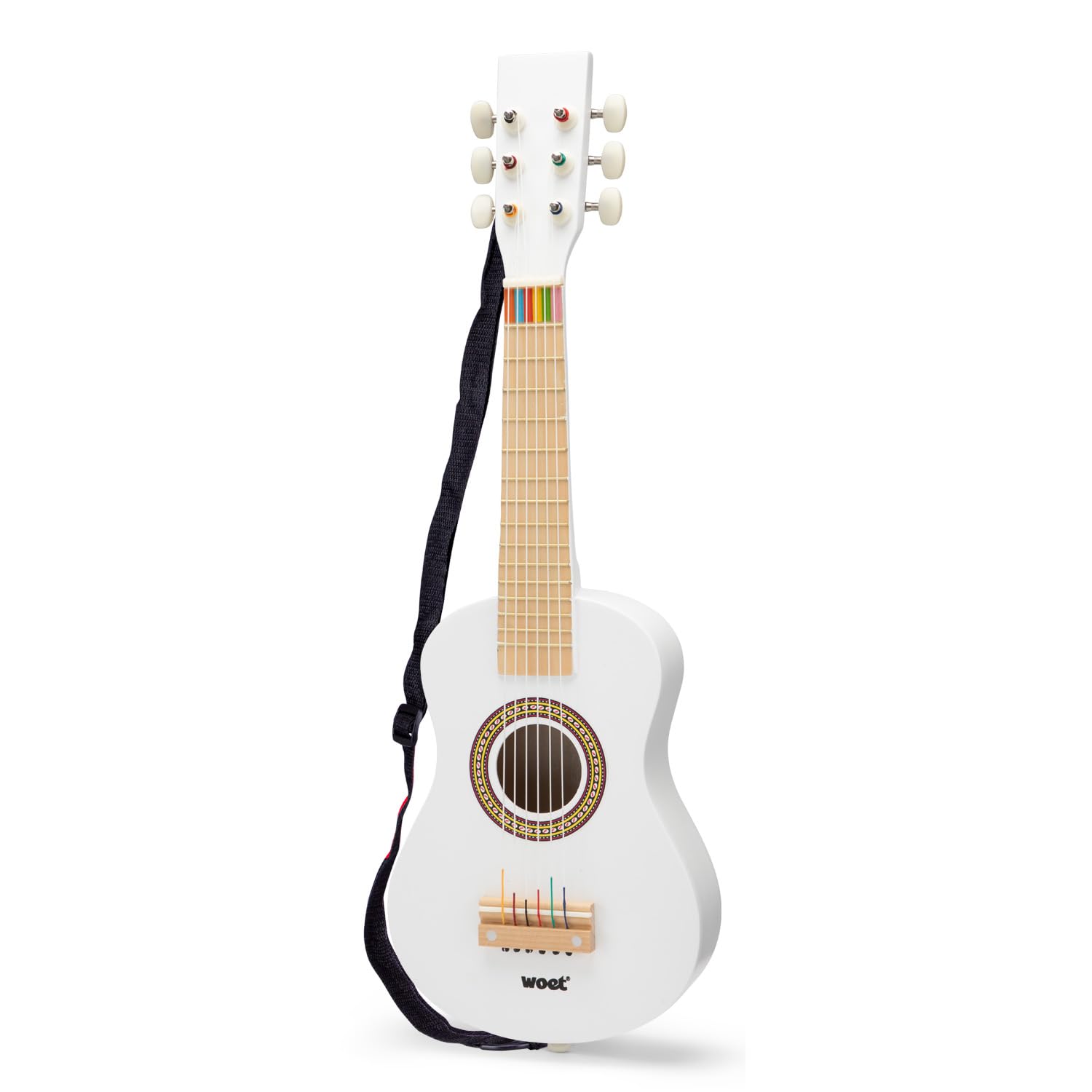 Woet® Weiß Holz Spielzeug Gitarre für Kinder, 6 Nylonsaiten mit Tragegurt, Ersatzsaite und Farb Liederbuch mit 3 Liedern, Einsteiger Lernspielzeug Musikinstrument, Geschenk, Ab 3 Jahren