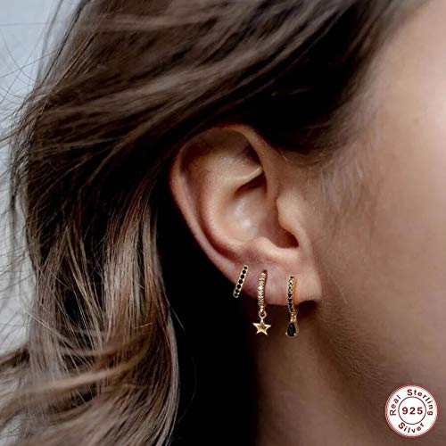 ZX 2pcs Luxury Bling Black Zircon 925 Sterling Silver