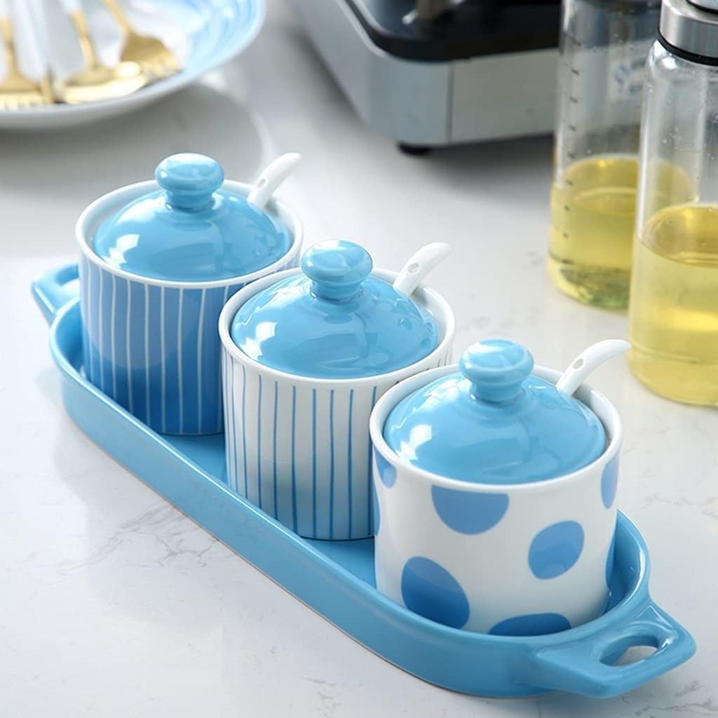 Salt and Sugar Container Sets Condiment Container Set Spice Container Set Ceramic Seasoning Pot with Spoon and Lid Kitchen Seasoning Box Kitchen Counter,F