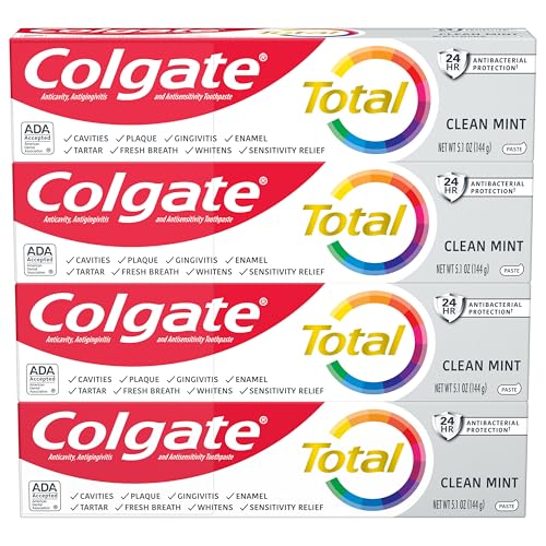 Colgate Total Clean Mint Toothpaste, 10 Benefits, No Trade-Offs, Freshens Breath, Whitens Teeth and Provides Sensitivity Relief, Clean Mint Flavor, 4 Pack, 5.1 Oz Tubes
