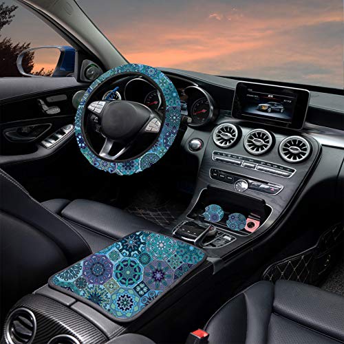 6 PCS Vintage bohemian Car Accessories, Bohemia for Steering Wheel Cover,Vehicle Center Console Armrest Cover Pad,Bohemian Hand Sanitizer Keychain,2PCS Quarter Holder Keychain,Wristlet Keychain - Thumbnail 5