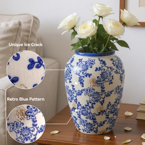 Vase à fleurs bleu et blanc craquelé glacé déco table