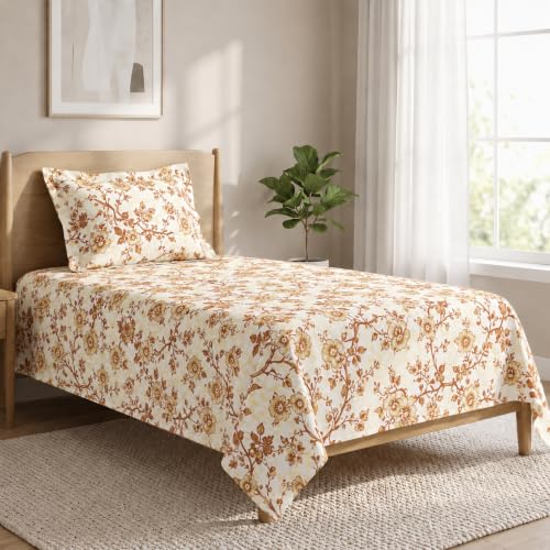 Image of LANE LINEN Symphony | 100% Cotton Sheet Set | Soft & Breathable Fabric | 2 Piece (1 Bedsheet + 1 Pillow Cover) | Single Bed Sheet Set - Gold Flower Pattern
