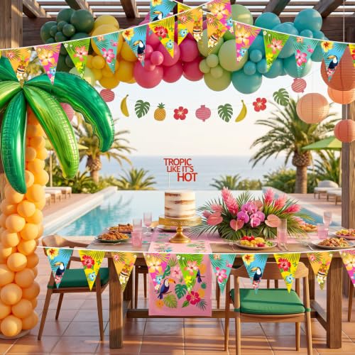 Image of Faccito 5 Pack Hawaiian Tropical Triangle Pennant Banner Palm Leaf 15m | Aloha Luau Tiki Beach Hanging Decor Hibiscus Flamingo Toucan Prints Summer Outdoor Indoor Backdrop Bunting Supplies