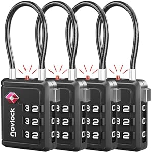 TSA Approved Luggage Locks with Inspection Indicator – Travel Padlocks with Flexible Cable for Suitcases, Backpacks, Carry-On Bags & More – Suitcase Locks, 4-Pack, Black