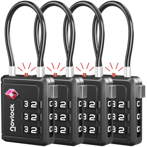 TSA Approved Luggage Locks with Inspection Indicator – Travel Padlocks with Flexible Cable for Suitcases, Backpacks, Carry-On Bags & More – Suitcase Locks, 4-Pack, Black