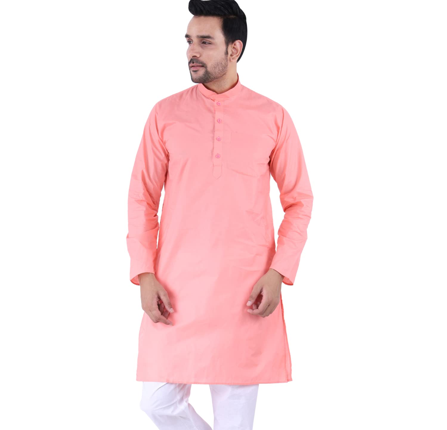 sadree Men's Cotton Long Solid Color Plain Knee Length Mandrin Collor Full Sleeve Ethnic Kurta Only-picture-46