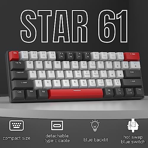 60 Percent Mechanical Gaming Keyboard, Black&Gray Mixed Color Keycaps Gaming Keyboard With Blue Switches, Detachable Type-C Cable Mini Keyboard With Powder Blue Light For Windows/Mac/Pc/Laptop #TOP1
