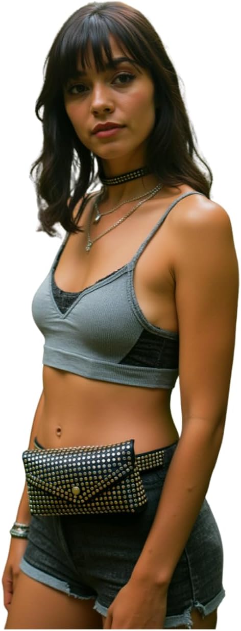 Women Fashion Skinny Belt Hip High Waist Silver Metal Studs + Mini Bag Wallet Size S M z037