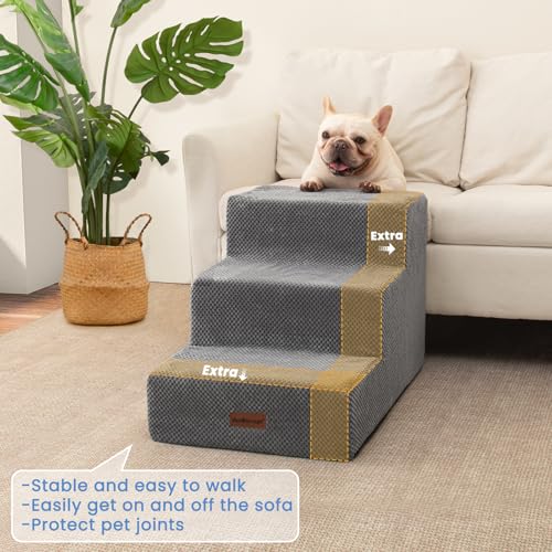 Image of Aodisman Dog Stairs for Small Dogs,Wider 3-Step Pet Steps for Couch & Bed | High-Density Foam Dog Steps with Anti-Slip Bottom,Easy for Puppies,Older Cats & Dogs to Reach Sofas & Chairs,Grey,15.7 inch H