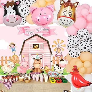 Farm Animals Birthday Decorations for Girls, Cow Print Pink Balloon Garland Arch Kit, Farmhouse Barnyard Party Supplies with Backdrop for 1st 2nd Birthday