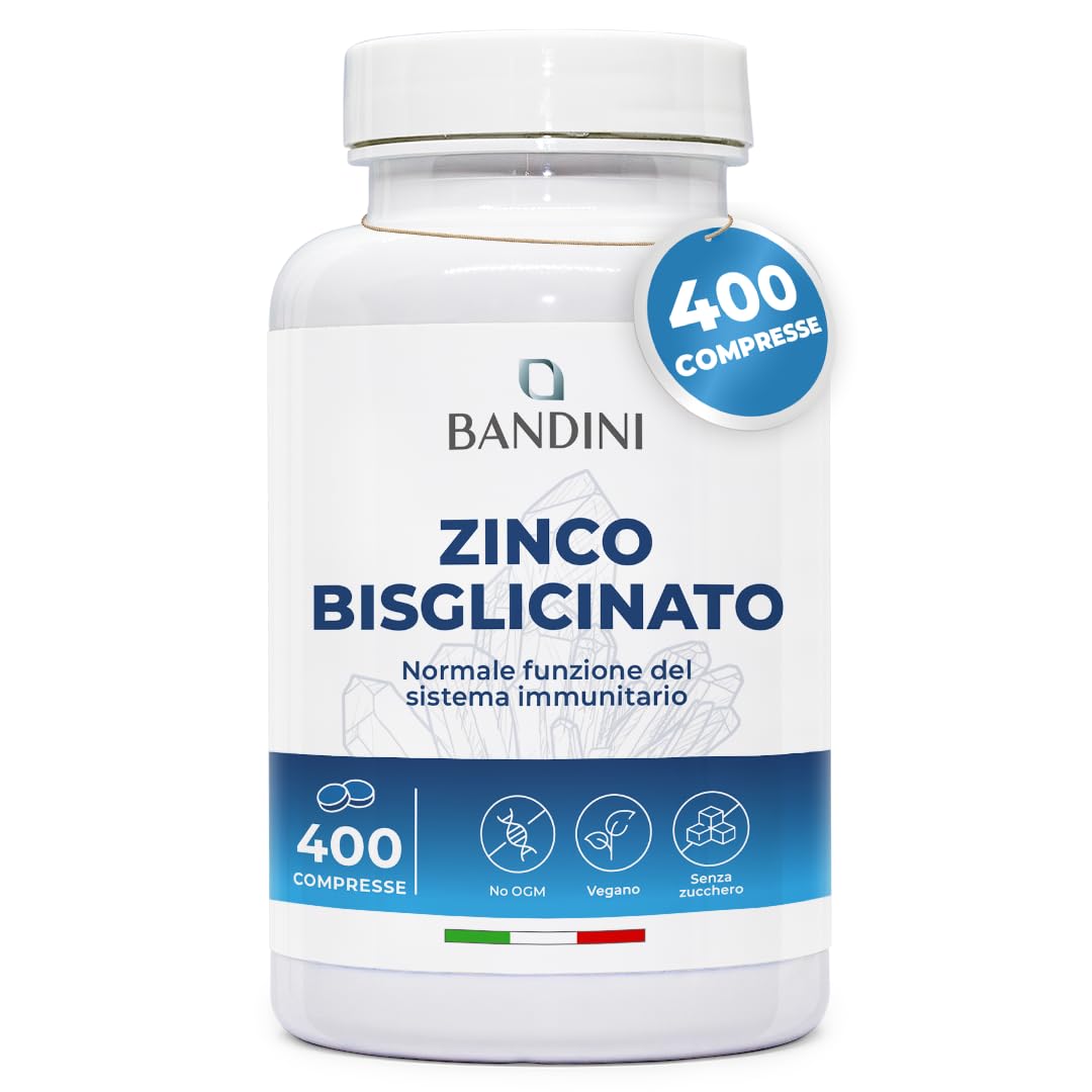 Bandini® Zinc Bisglycinate 400 Tablets (13 Month Stock), Vegan High Dose Supplement, Pure Zinc for Skin, Hair, Nails, Vision and Immune System, High Absorption, GMO Free
