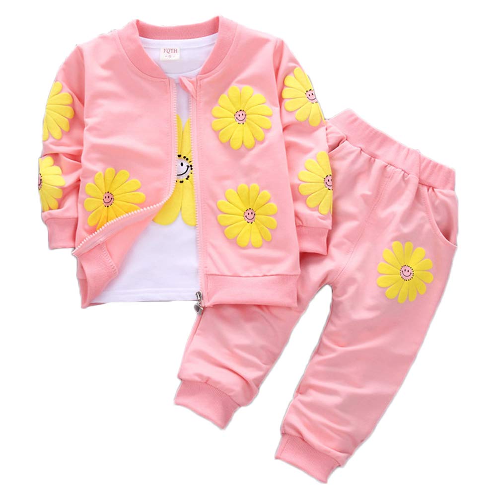 Yao Women's Pink Baby Girls Flowers Print 3 Piece Sets T Shirt Vest And Pants (3-4Years, )