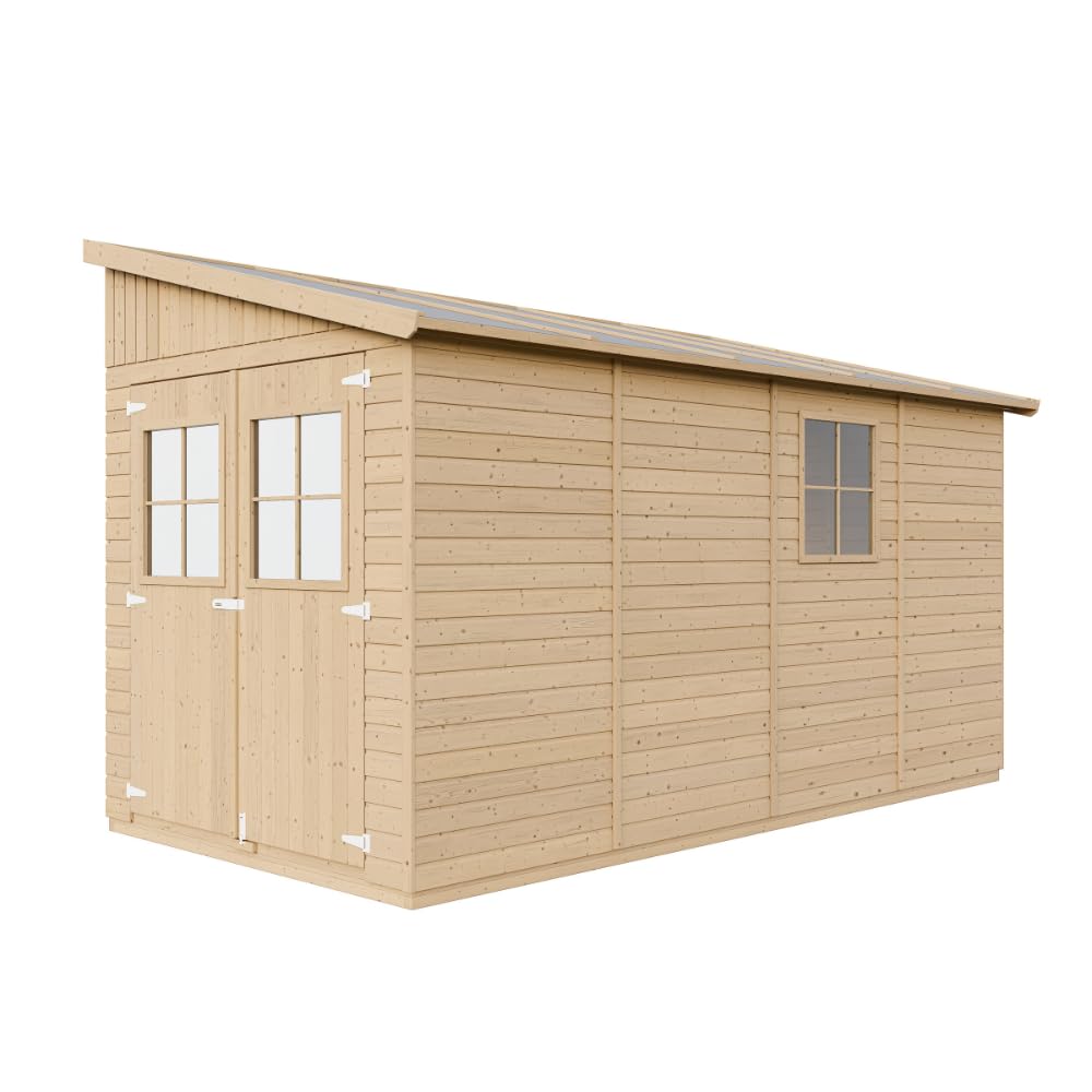 TIMBELA M340+​M340G Abri de Jardin en Bois Naturel (sans paroi latérale) Plus Les PLANCHERS IMPRÉGNÉ- Stockage extérieur avec fenêtres- H243x216x416 cm/​8 m2 - Atelier Rangement Outils et vélos