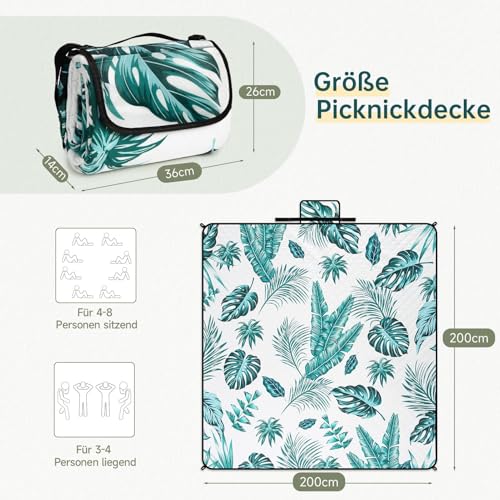 HAUSPROFI Picknickdecke 200x200, wasserdicht & isoliert - XXL Outdoor Decke für Picknick, Strand, Camping. Kompakt, leicht zu tragen, mit Baumwolle gepolstert, Inkl. Tragegriff & Heringe, Waschbar