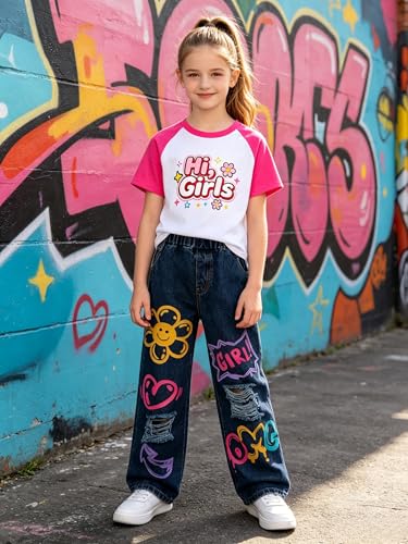 Zylvae Girls 2 Piece Outfit Set - Short Sleeve Color Block Tee & Denim Wide Leg Pants, American Style Letter Print, Soft Cotton Top, Cute Casual Jeans for Girls 9-10 Years — view 2