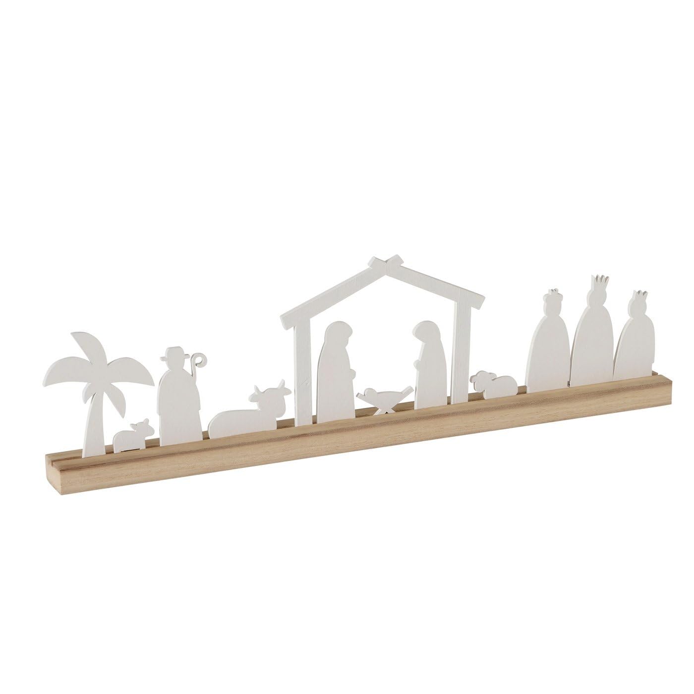 ReWu Krippe Weihnachts-Krippe Silos Krippenfiguren Holzschiene Weihnachten Christmas Wohndekoration Natur Weiß 50x4x14cm