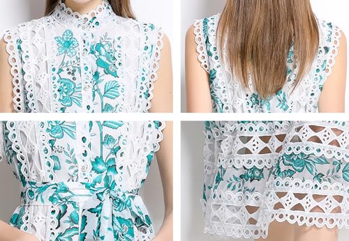 Image of LAI MENG FIVE CATS Women's Sleeveless Hollow Out Lace Button Up Casual Midi Party Dress with Belt