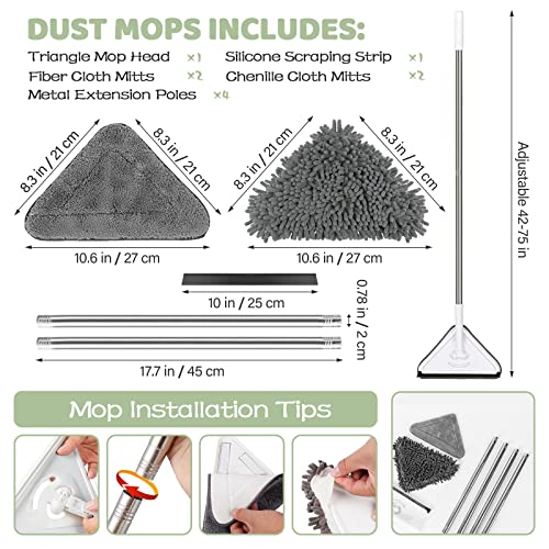 75 Inch Wall Mop Wall Cleaning Mop Triangle Mop Wall Cleaner With Long Handle Rotatable Adjustable Cleaning Mop Wall Washer Mop Ceiling Mop With Extension Pole, 4 Replacement Mitts And Window Squeegee #TOP1