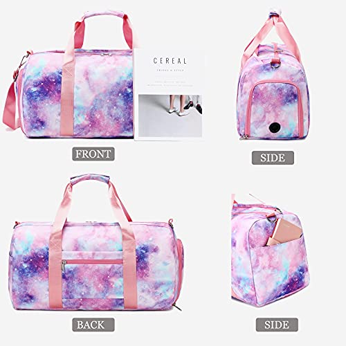 Gym Duffle Bag For Girls, Gymnastics Sports Bag For Teens Women Small Overnight Weekender Carry On Travel Bag With Shoe Compartment And Wet Pocket Galaxy #TOP3