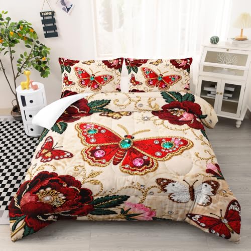 Image of AILONEN Butterfly Floral Comforter Set for Women Girls Adults Decor Full Size,Red Gold Gemstone Bedding Sets,3-Piece,1 Quilt with 2 Pillowcases,Soft Breathable