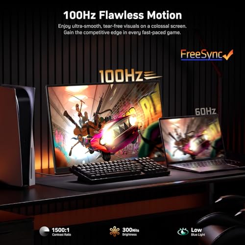 Image of MNN Portable Monitor 23.8 inch 100Hz 1080P IPS, Ultra Slim Metal Body with Built-in Kickstand & Dual Speakers, USB-C HDMI External Display for Laptop PC Phone PS5 Xbox Switch, Home Office Gaming Monitor