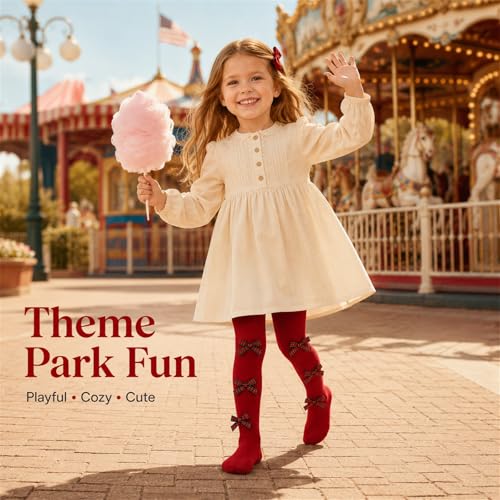 Image of VIKITA Girls Ribbed Tights with Bow - Soft Daily Knitted Leggings