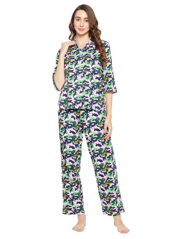 Women's Cotton Camouflage Print Button Down Shirt & Pyjama Set In Multicolor-image-41