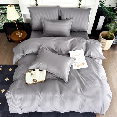 Amolavet Hotel Bettwäsche 135x200 Baumwolle Grau 2teilig Set Bettwäsche 135x200 Mako Satin Baumwolle Damast Streifen Grau mit Reißverschluss für Ganzjährig