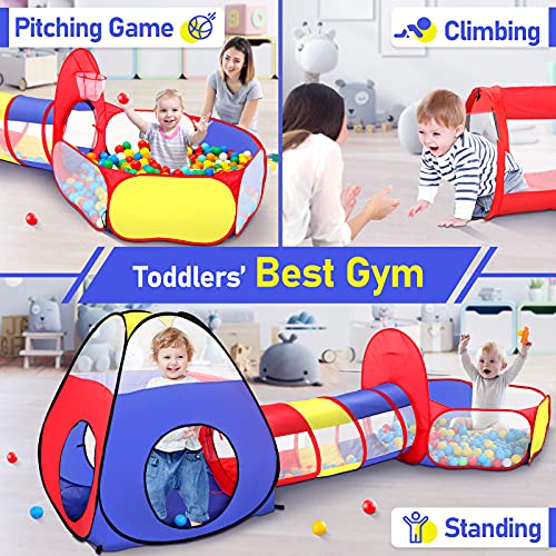 Image of PigPigPen 3 in 1 Kids Play Tent with Play Tunnel, Ball Pit, Basketball Hoop for Boys & Girls, Toddler Pop Up Playhouse Toy for Baby Indoor /Outdoor, Gift for Year Old Child (Colorful 3pc Play Tent)