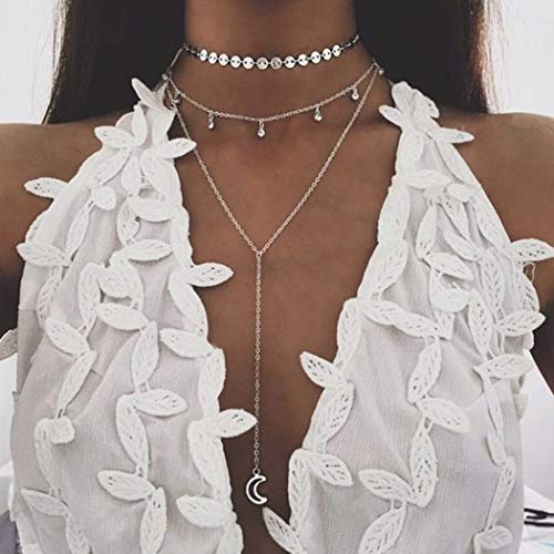 Zehory Boho Layered Sequin Choker Necklace Silver Long Moon Pendant Necklaces Beach Crystal Tassel Chain Jewelry for Women and Girls
