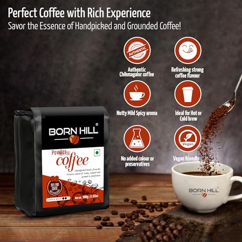 Image of BORN HILL Coffee Powder Bag 100G|Aromatic & Strong Filter Coffee Blend|Perfect For Moka Pots And Coffee Machines|Freshly Roasted & Ground|Medium Roast|0% Chicory