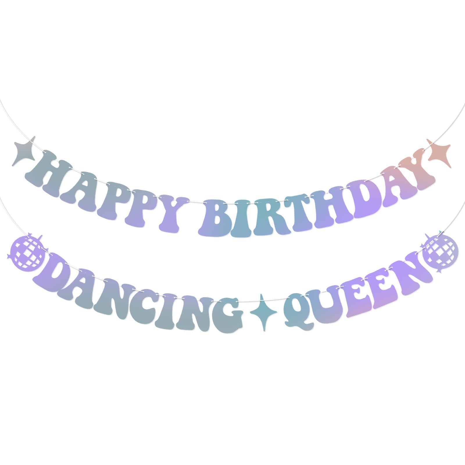 BLMHTWO Pre-Strung Happy Birthday Dancing Queen Banner, Iridescent Holographic Glitter Dancing Queen Disco Themed Happy Birthday Party Decorations Banner for Women Girls