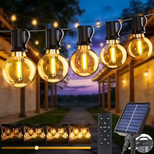 Solar String Lights Outdoor Garden, 10M/33FT USB & Solar Powered Dimmable Festoon Lights with Remote, Timer, IP65 Waterproof LED G40 Bulbs, Outside Light for Patio Pergola Gazebo Fence Party Decor