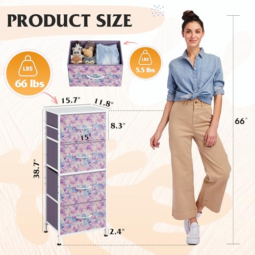 Image of WLIVE Dresser with 4 Drawers, Storage Tower, Organizer Unit, Fabric Dresser for Bedroom, Hallway, Entryway, Closets, Sturdy Steel Frame, Wood Top, Easy Pull Handle, Tie-dye Print (Pink, Purple, Blue)