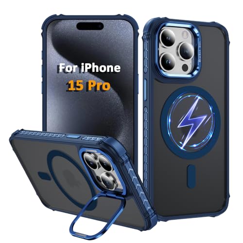 Coque antichoc iPhone 15 Pro MagSafe bleu translucide mince avec anneau de support arrière protection