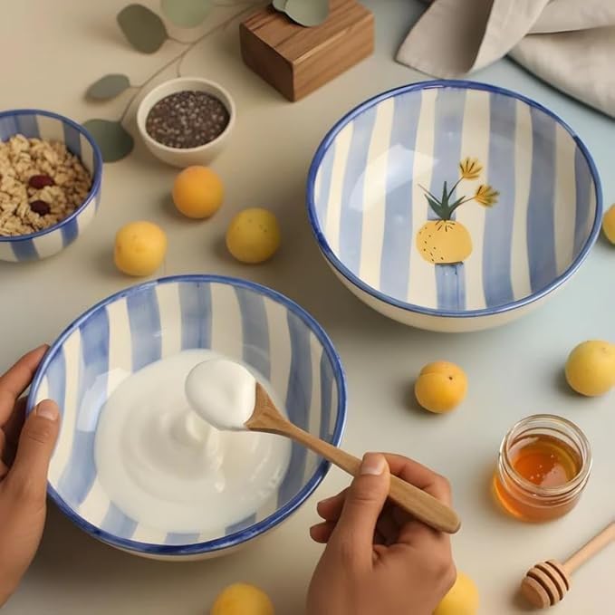 Image of Ceramic Snack Bowl Set for Serving, Dessert & Fruits | Multipurpose Kitchen Bowls Set | Premium Aesthetic Small Serving Bowls | Blue & White | Pack of 4 | 700ml
