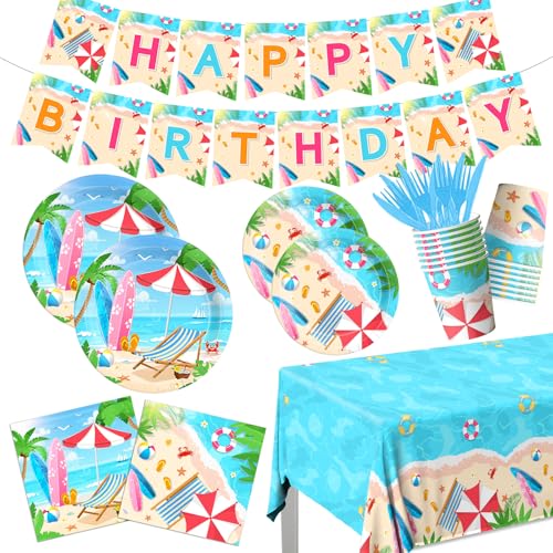 Beach Birthday Party Decorations-142Pcs Summer Plates and Napkins Kit Pool