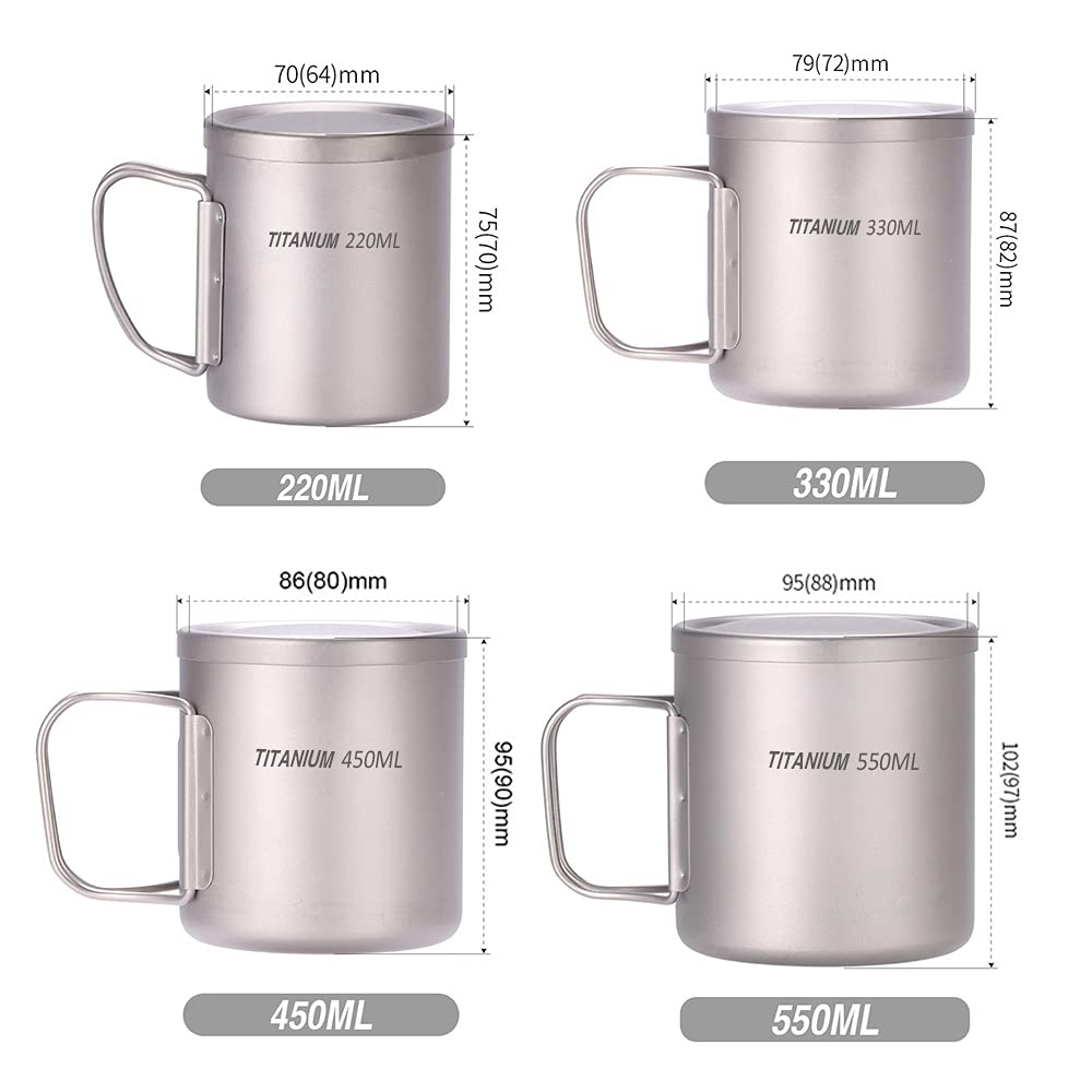 220ml/330ml/450ml/550ml Doppelwandige Wassertasse Kaffee Tee Becher für Home Office Outdoor Camping Wandern Rucksack Picknick,Kaffeetasse aus Titan