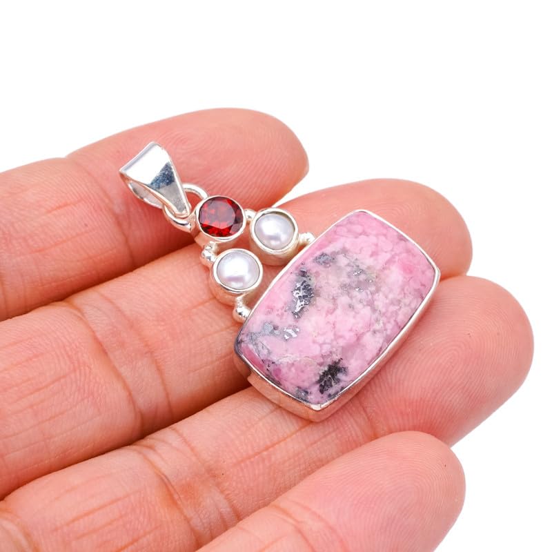 Pendentif rhodonite grenat et perle argent 925 idée cadeau unique - 3