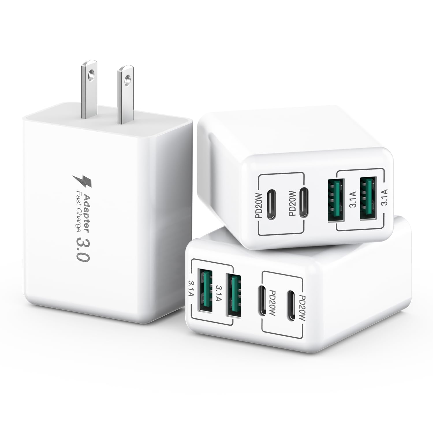 [3-Pack] USB C Wall Charger, 40W 4-Port USB C Charger Block,Fast Charging Block Dual Port PD+QC Wall Plug Multiport Type C Compatible with iPhone 14/