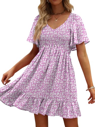 Image of UEAL Womens Cute Floral Smocked V Neck Flutter Sleeve Sundress with Pockets Casual Spring Summer Dresses for Women 2026