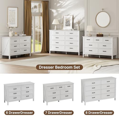 Image of LYNSOM Farmhouse 8 Drawer Dresser for Bedroom, 55 Inch Wide Wood Rustic Chest of Drawers with X-Marking & Bar Handle, Large Storage Dressers Organizer for Bedroom, Living Room, White