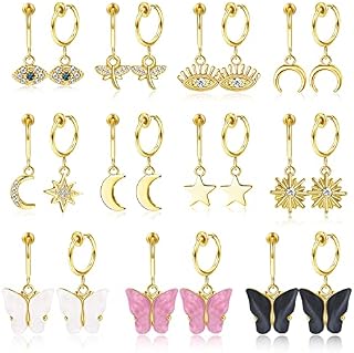 Kakonia 11 Pairs Gold Clip On Earrings for Women Clip On Hoop Earrings Fake Earrings Evil Eye Dangle Hoop Earrings Butterfly Moon Star Heart Earrings Drop Clip-on Eearrings