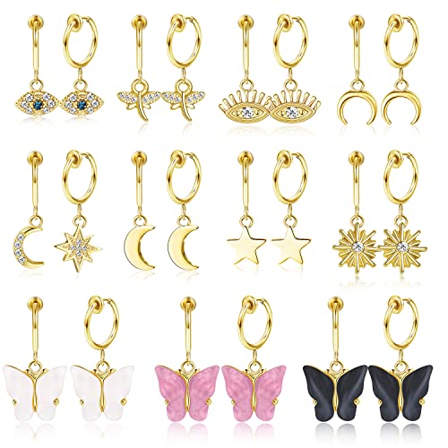 11 Pairs Gold Clip On Earrings For Women Clip On Hoop Earrings Fake Earrings Evil Eye Dangle Hoop Earrings Butterfly Moon Star Heart Earrings Drop Clip-On Earrings Set A #TOP6
