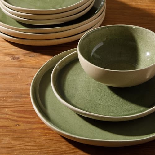 Image of Gibson Elite Manila Bay 12-Piece Stoneware Dinnerware Set, Service for 4, Reactive Glaze Modern Artisan Plates, Bowls & Mugs, Green, Round Design