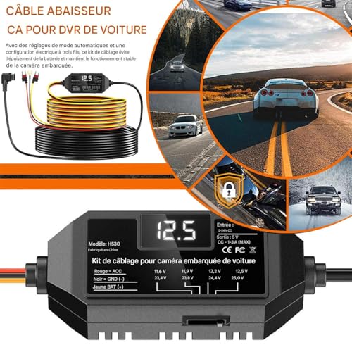 Câble triple pour dash cam avec affichage et protection circuit de sécurité voiture - 3
