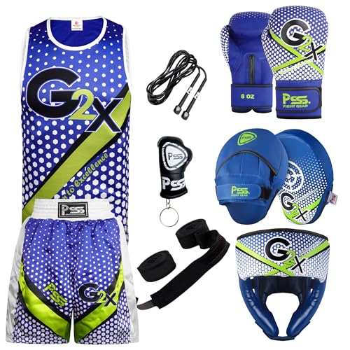 PSS Kids Boxing Set with Gloves Uniform Focus Pad Head Guard Safe Durable Lightweight Equipment for Boys Girls Youth Training Fitness (Blue 3-4)